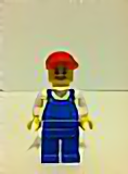 LEGO twn216 Overalls Blue over V-Neck Shirt, Blue Legs, Red Short Bill Cap